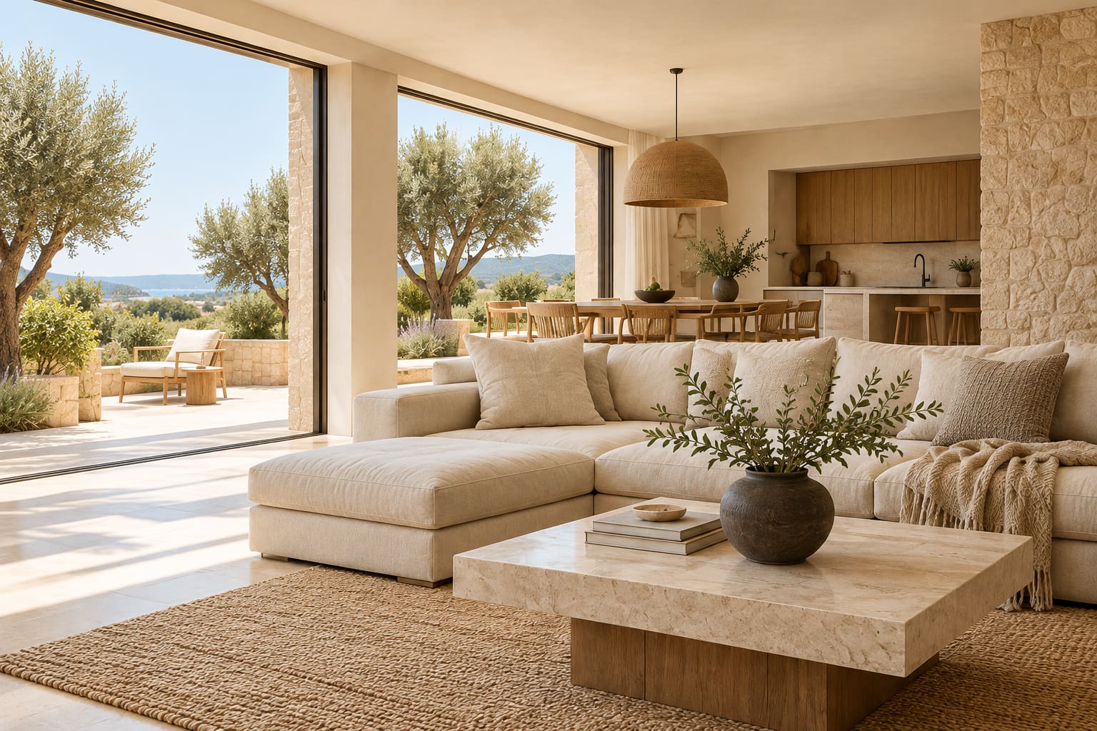 Salón mediterráneo reformado con sofá de lino, mesa de travertino y grandes ventanales abiertos a un jardín de olivos.