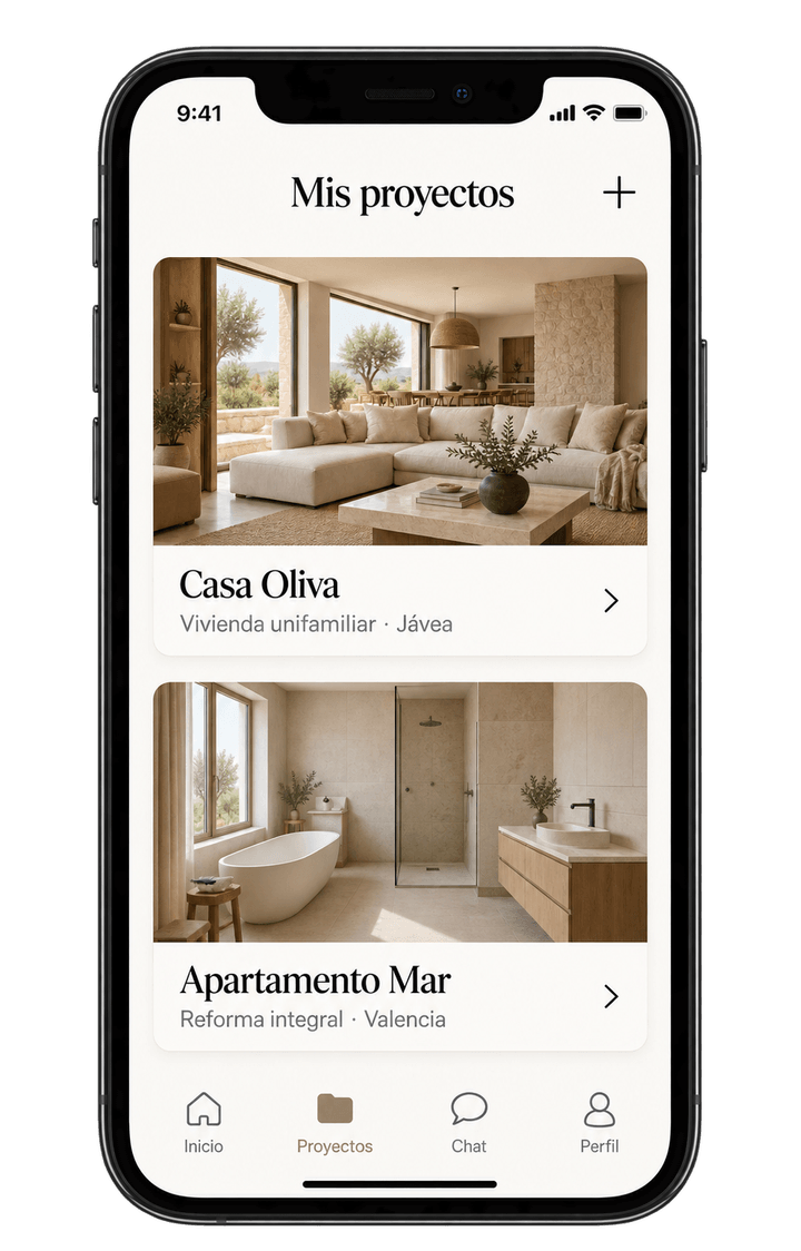 Vista previa de «Mis proyectos» en la app, con dos reformas: Casa Oliva y Apartamento Mar.